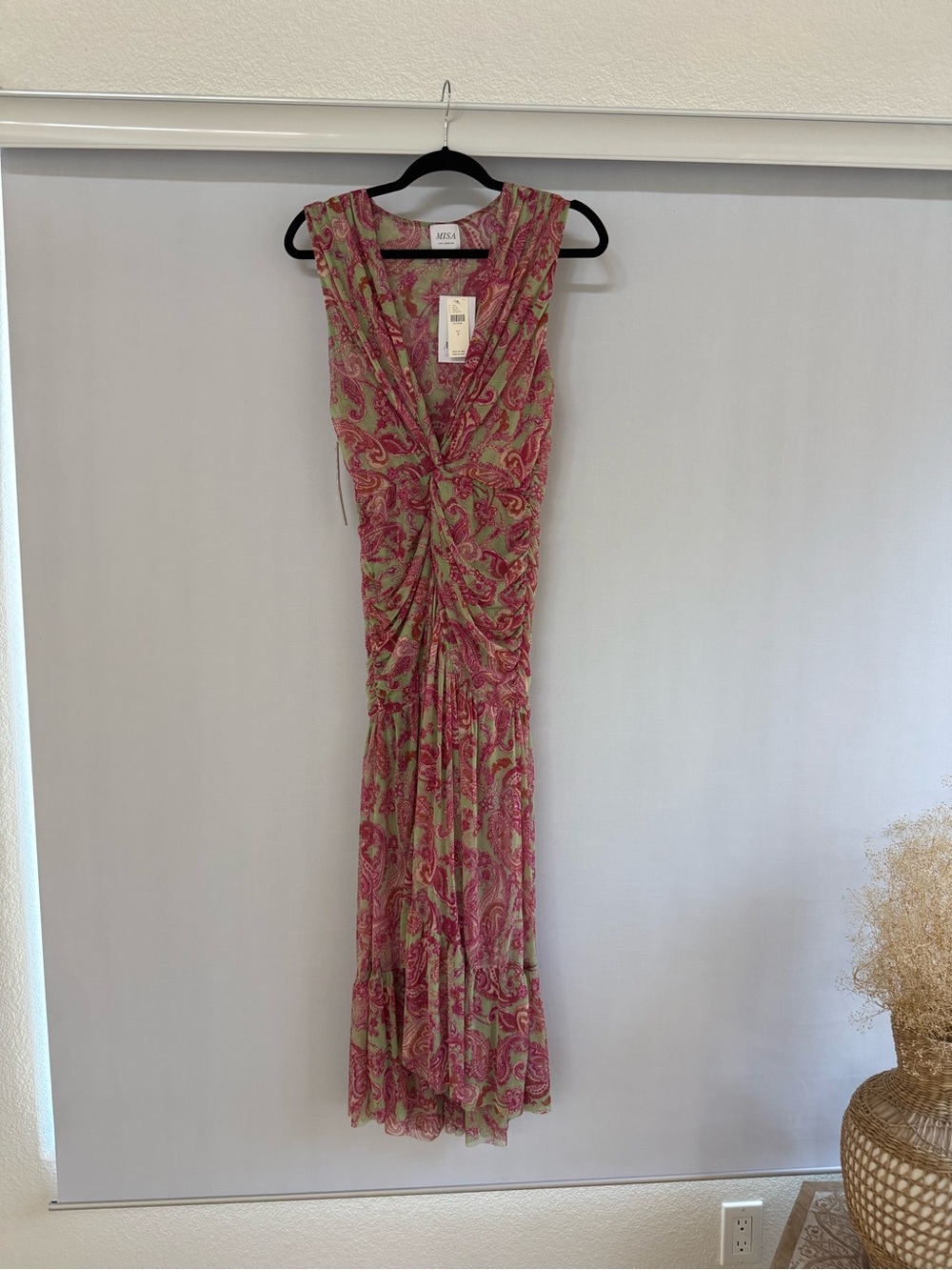 Misa Los Angeles Pink and Green Paisley Twist-Front Maxi Dress